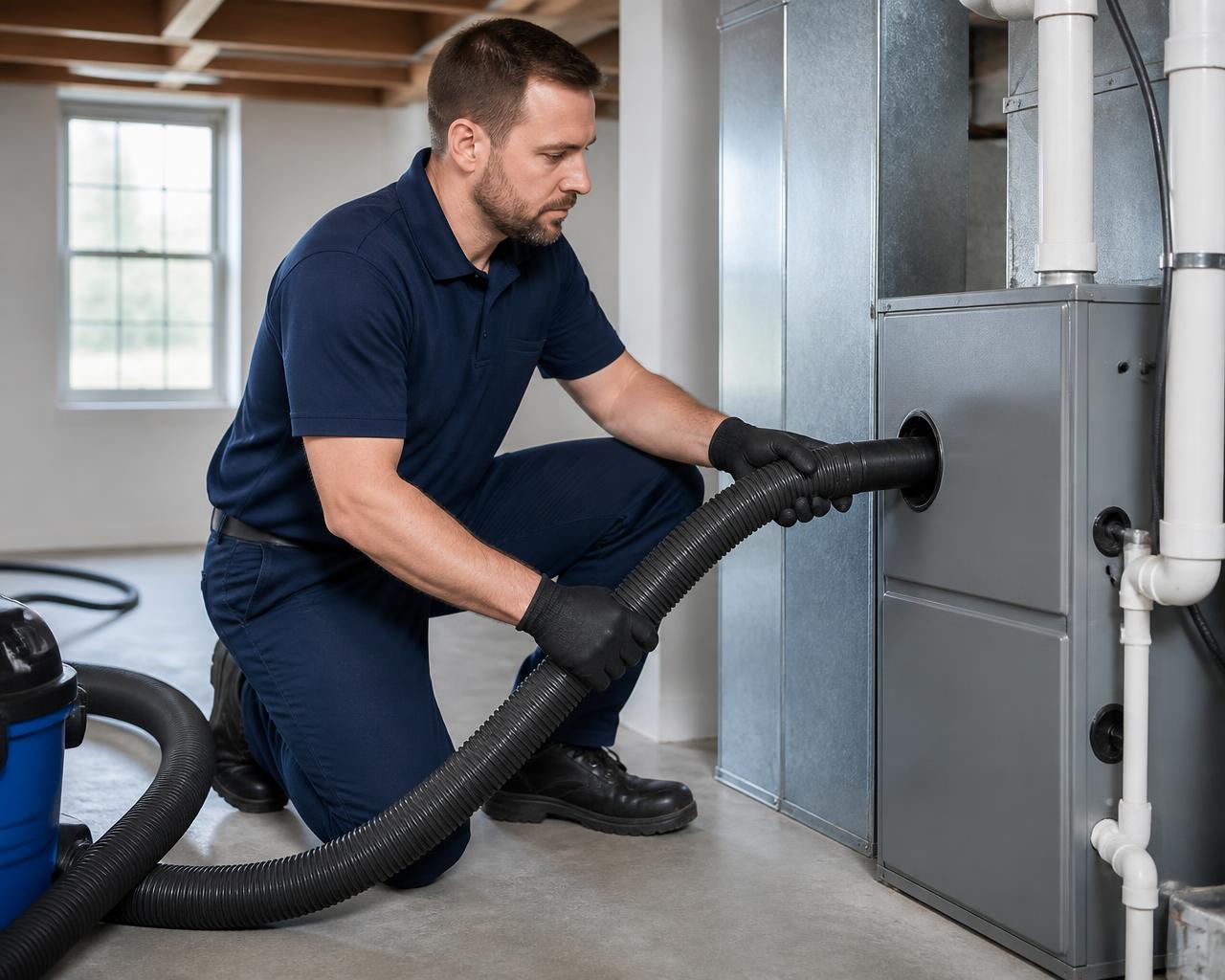 Duct Care Inc. technician cleaning a residential furnace and duct system