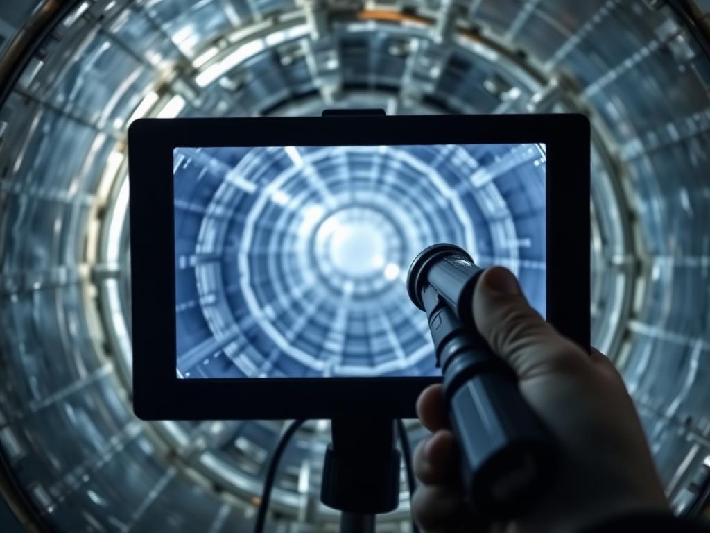 Live-camera inspection monitor showing the inside of a metal duct