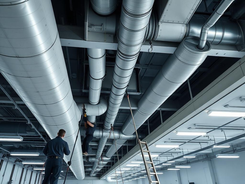 Technicians cleaning overhead commercial ductwork