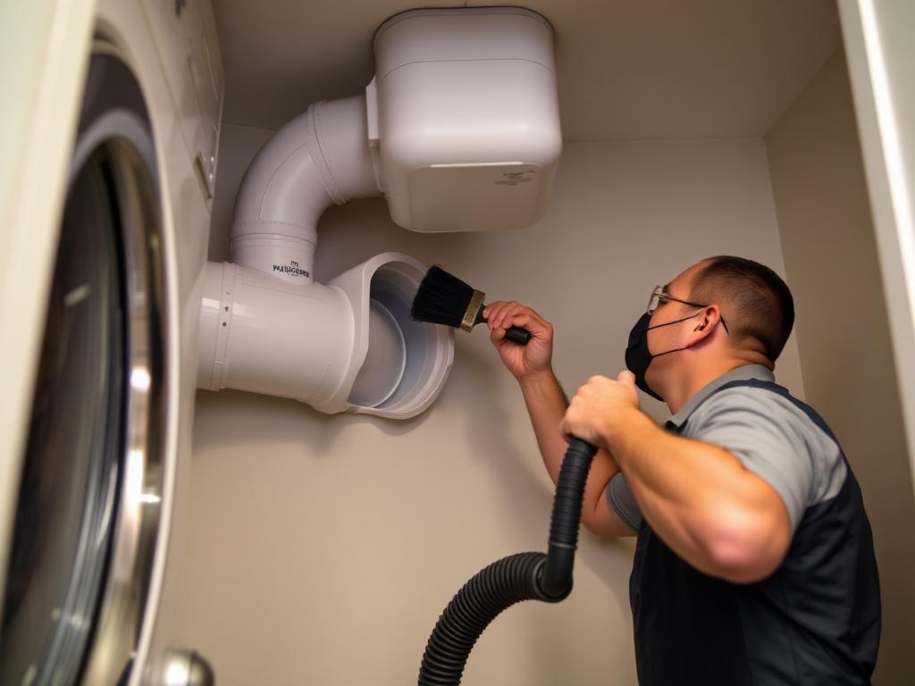 Technician cleaning a dryer vent in a multi-unit laundry room